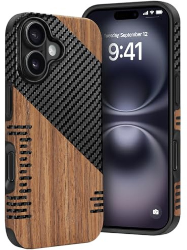 Dolstrap Robuste Coque iPhone Compatible avec Coque iPhone 16 Plus, (Bois Naturel & Cuir & Fibre Texture de Carbone) Mince Case, Noir+Marron
