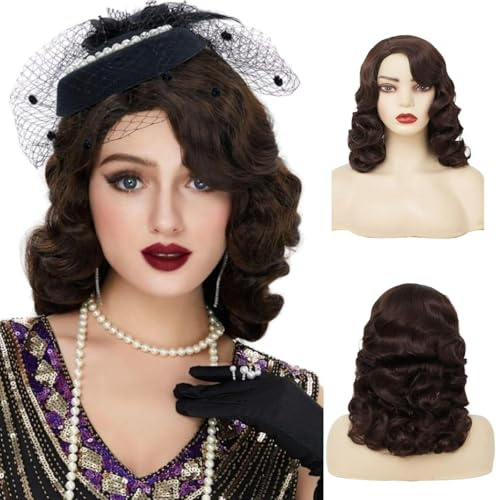 Salaibs Braun Lang Finger Wave Perücke Vintage Lockig Perücken für Damen Lady Synthetische Hitzebeständige Volle Perücken 1920er Jahre Cosplay Kostüm Perücke