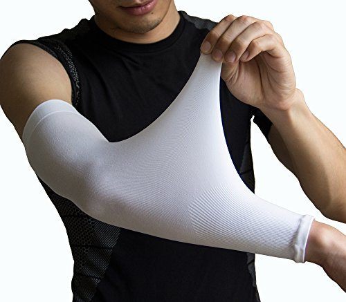 YISEVEN Manicotti Compressione per Fascia Braccio Scaldabraccia Protezione Maniche UV da Basket Copri Braccio Tennis Football Running Accessori Maniche Fitness 3/4 - Gioventù Bianco (1 Paio)
