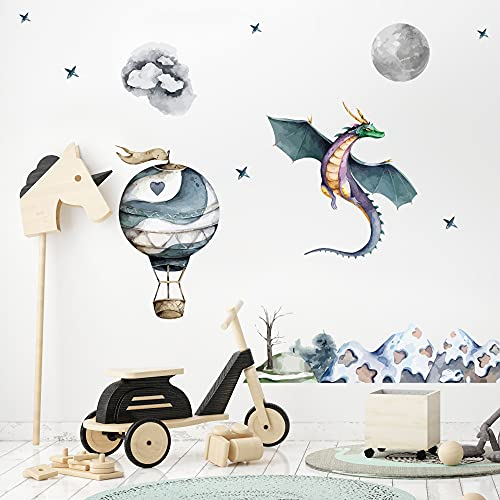DRACHEN & Heißluftballon Wandtattoo Set V245 | handgezeichnet | AUFKLEBER Kindergarten | Wandsticker Kinderzimmer Drache Mond Wolken (40 x 40 cm)
