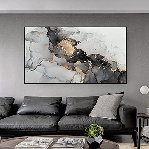 HEHGVCF Abstrakt Fluid Art Schwarz Weiß Gold Grau Wandbild Poster Leinwandbild 60x120cm, Grau Marmormuster Bild auf Leinwand Home Decor No Frame (Marmor,70 x 140cm)