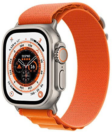 Apple Watch Ultra (GPS + Cellular, Cassa 49mm) Smartwatch con robusta cassa in titanio e Alpine Loop arancione - Medium. Fitness tracker, GPS di precisione, tasto Azione, batteria a lunghissima durata