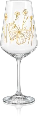 Crystalex Lot de 6 verres à vin - Fleurs sauvages - Verre en cristal - Pantographie dorée avec motifs papillons - Bohème - 450 ml