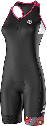 SLS3 Triathlonanzüge Frauen - Slim Athletic FRT Tri Suit Women - Einteiliger Trisuit für Frauen - Triathlonanzug für Frauen, ohne Bügel-BH (Schwarz/Fuchsia Mohnblumen, S)