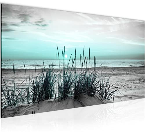 Runa Art Wandbild Strand Sonnenuntergang 1 Teilig 100 x 40 cm Modern Bild auf Vlies Leinwand Meer Natur Wohnzimmer Türkis Grau 043712c