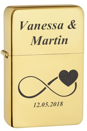Goldenes Benzin Feuerzeug mit Gravur als Hochzeitsgeschenk - Sturmfeuerzeug für Frauen und Männer - Geschenk zum Jahrestag, Valentinstag und Verlobung