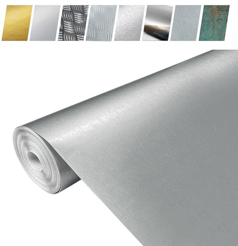 DecoMeister Vinilo Adhesivo Efecto Aluminio Cepillado Para Muebles Puerta Papel Autoadhesivo Plata Para Armarios Cocina Nevera Mesa Lámina Decorativa Plateada Para Hogar Para Forrar Rollo 90 x 50 cm