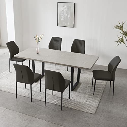 jiexi Extendable Dining Table 4-6 Seater, Dining Room Table Extending And Chairs Set, MDF Material Modern, Suitable For Living Room, Kitchen, Length 130-170cm (Table + 6 Black Chairs)