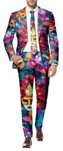 Anzug Herren Lustiger Masken Anzug Prom Suits Faschingskostüme mit Bunten Drucken 60er Jahre Pop Art Style Outfit Party Jacke und Hose,Karneval Mottoparty, Mardi Gras Karneval Kostüm Herren Sakkos