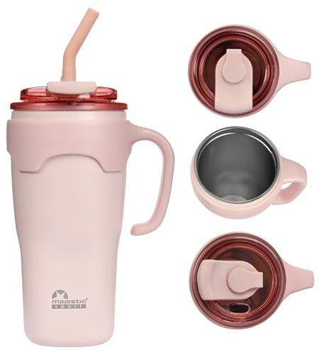 Majestic Sport Jelly Thermobecher mit Strohhalm und Henkel 650ml Edelstahl Heiße Kalte Getränke Vakuum Trinkbecher,Kaffeebecher für Zuhause Reisen Rosa