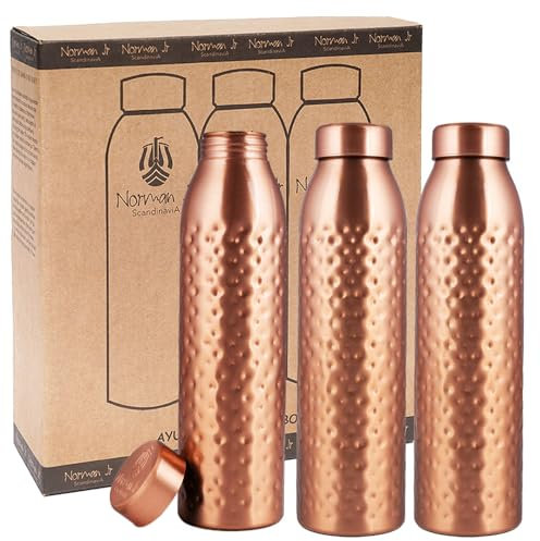 NORMAN JR, Copper Water Bottle 1L - Gift Box of 3, Hammered, an Ayurvedic vessel made from pure copper - helps you drink more water, with many health benefits