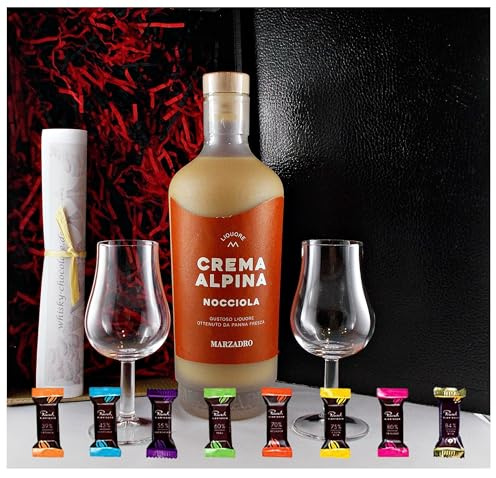 Marzadro Crema Alpina Nocciola Haselnuss Likör + 2 Likörgläser + 8 Edelschokoladen im Geschenk Karton Männergeschenke Geschenkset Frauengeschenke Genießerset