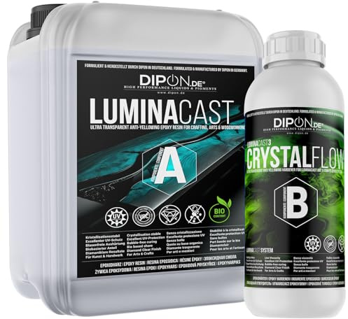 DIPON LuminaCast 3 Crystal Flow 2K Epoxidharz – Ultra Glasklar & selbstentlüftend | Für Resin Art, GFK, MDF, Schmuck & Geode-Kunst | UV-stabil, vergilbungsarm (3,0 kg (2,0 kg A+ 1,0 kg B))