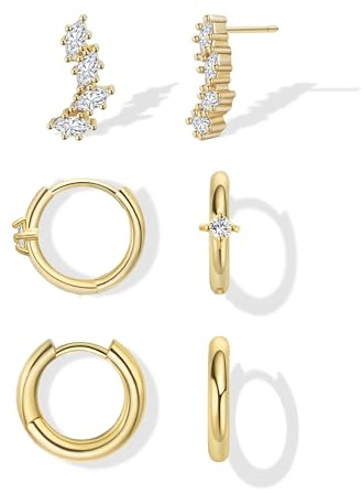 Stud Earrings for Women, 14k Gold Plated Small Huggie Hoop Earrings Set Dainty Gold Climbing Studs Earrings for Women Trendy Hypoallergenic Cartilage Earring Fashion Womens Jewelry