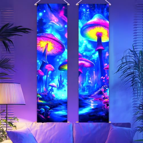 CRAFTYMELODY 2 Packung Schwarzlicht Pilz Wandteppich Im Dunkeln Leuchtend UV Reaktiv Sternenhimmel Wandbehang 12.915.1 x (7)(6) cm Mit Seilen Und Holzstäben
