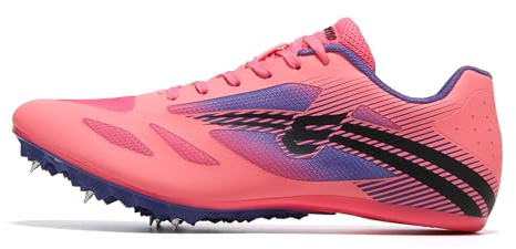EPIMENO Scarpe da atletica da uomo, leggere, traspiranti, con punte per salto multi-evento, rosa acceso/viola/nero, 10.5 Women/9 Men