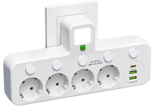 LEVIOC’S Corriente con Enchufe Europeo de 4 Tomas y Puerto USB Tipo C. Dos Especificaciones. No Necesita Cable de Extensión.