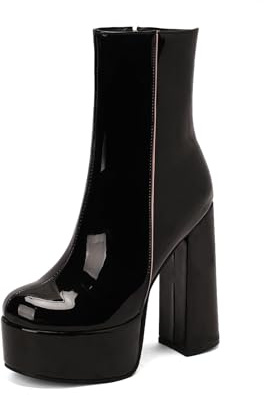 TNMIUH Stivali con Zeppa da Donna, Stivaletti con Tacco Largo Super Spesso da 14.5cm, Scarpe da Sera in Vernice con Cerniera Laterale, Nero Bianco,Nero,41.5 EU
