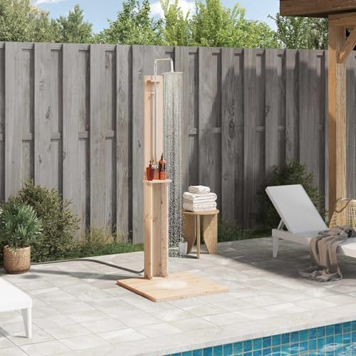 Kaloriko Ducha de exterior de madera maciza de pino y acero inoxidable de 206 cm de altura ajustable con cabezal de ducha giratorio, resistente a la intemperie para piscina, jacuzzi, jardín, spa