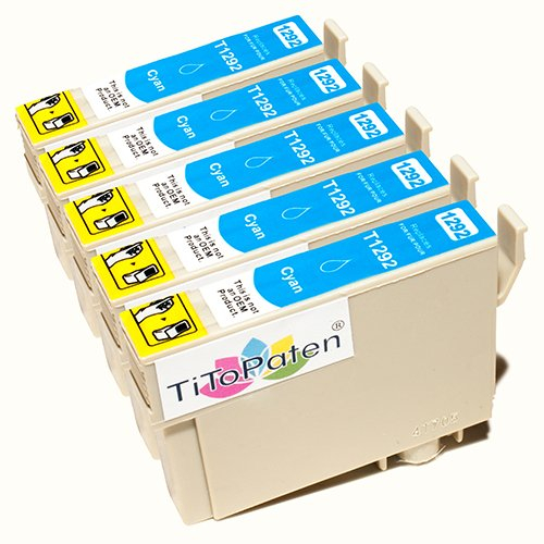 TiToPaten* 5X Druckerpatronen Kompatibel für Epson Workforce WF 3520 DWF ersetzt Typ T1291-1294 - Cyan - Patrone MIT CHIP !!!