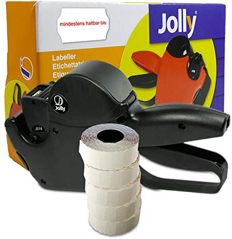 Preisauszeichner Set Jolly S14 inkl. 5 Rollen 26x16 Preisetiketten - weiss permanent | Aufdruck: mindestens haltbar bis | HUTNER