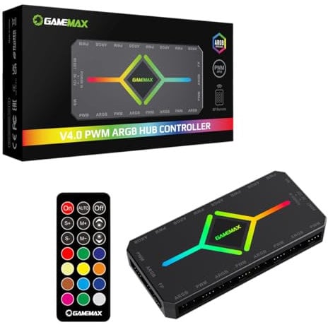 GameMax V4.0 Black Case Fan Hub - 9-Port PWM Fan Distributor With RF Remote & SATA Power