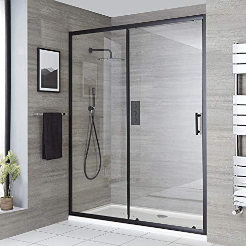 Milano Nero 1400mm Reversible Wet Room Sliding Shower Enclosure Door - Black