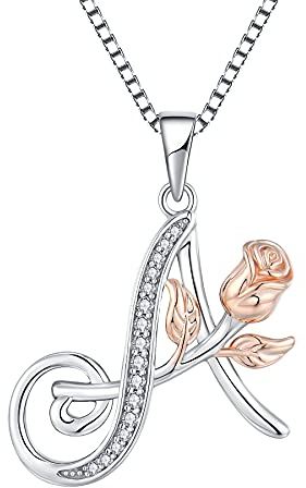 starchenie Alphabet Rose Halskette Buchstabe A Halskette Zirkonia Anhänger 925 Sterling Silber Halskette für Damen