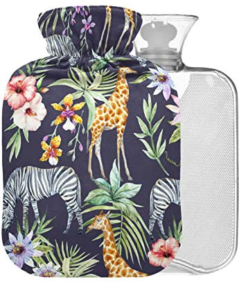 Tropische Palmenblätter, Giraffe und Zebra, Wärmflasche mit Bezug, 1 l, kleiner Wärmbeutel zur Schmerzlinderung, Kopfschmerzen, Nacken und Schultern, BPA-frei