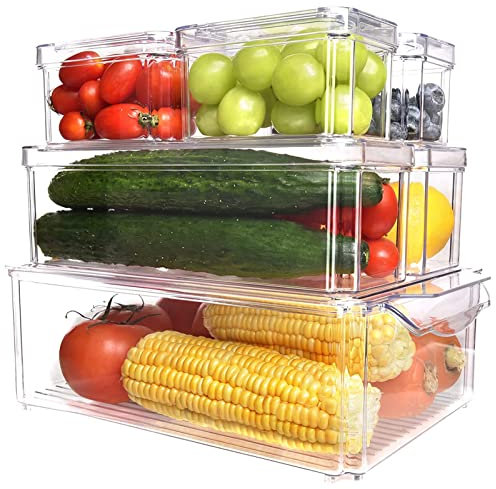 Fridge Organisers with Lids - 7 Pack Stackable Refrigerator Organizer Bins, Multipurpose Clear Plastic Kitchen Fridge Storage Containers for Freezer, Pantry, Cabinet, Drawer (3 Sizes)