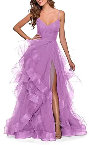 Vestidos largos de tul con purpurina y tirantes delgados, con abertura en V, elegantes vestidos de noche formales para mujer, Lila, 16 Plus