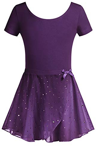 Arshiner Kinder Ballettkleidung Zweiteilig Mädchen Kurzarm Ballettkleid Tanzkleid Balletttrikot mit Rock Tütü Violett 120/3-4 Jahre