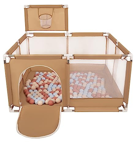 Selonis Laufstall Mit Korb Und 100 Bälle Laufgitter Für Kinder, Beige:Pastellbeige/Pastellblau/Lachsfarben