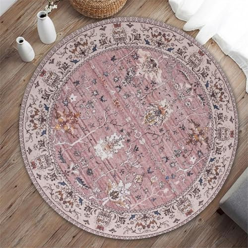 Highdi Tapis Rond Salon Moderne Imprimé Persan Rétro Tapis de Sol Décoration Antidérapant pour Salon Chambre Cuisine Balcon Terrasse Salle à Manger Intérieur Extérieur (Rose Classique,140cm)