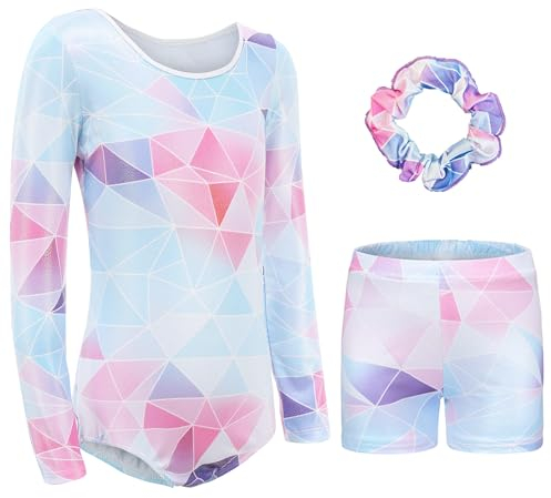 Happy Cherry Kinder Gymnastikanzug Langarm Gymnastikbody Shorts Set Glänzende Turnanzug für Mädchen Kunstturnen Bekleidung 7-8 Jahre