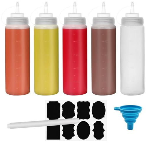 Chetexus 16oz Condiment Squeeze Bottle, 5 Pack 500ml Squeezy Sauce Bottles, Plastic Squeeze Dispensers with Measurements for Ketchup, BBQ, Sauces, Syrup, Dressings