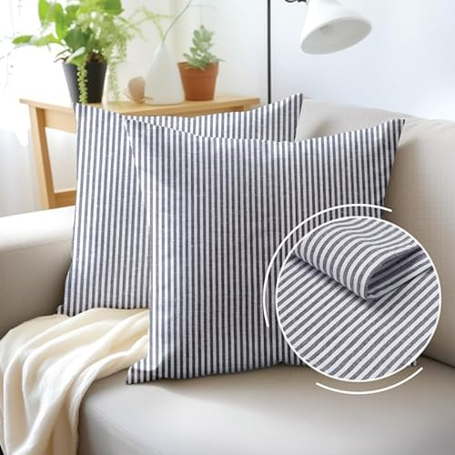 Encasa XO Kissenbezüge 2 Stück (50x50 cm) - Ticking Navy Blue - Weiche Baumwolle Leinwand Ungefärbt Rechteckige Kissenbezug Bunte Dekorative für Wohnzimmer Schlafzimmer Sofa Waschbar