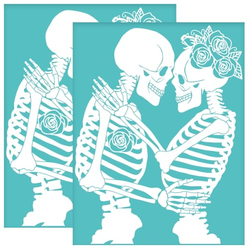 OLYCRAFT 2 Stück 22x28cm Skelettpaar Selbstklebende Siebdruckschablone Totenkopfliebhaber Siebdruckschablone Totenkopf Rose Wiederverwendbare Netzschablonen Transfer Für DIY T-Shirt Stoffmalerei