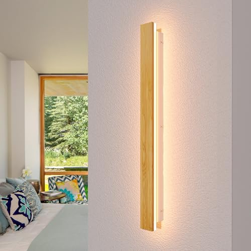 AOEH LED Wandleuchte Innen Holz Wandlampe Dimmbare Mit Fernbedienung Lange Wandleuchte Aus Bambus 21W Lampen Holz Wandbeleuchtung Modern Wandlampe Für Schlafzimmer Wohnzimmer Flur Treppenhaus,60cm
