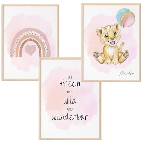Mutzauber 3er Set Poster Kinderzimmer A4 | Bilder Kinder Wandtattoo | Deko Babyzimmer Jungen Mädchen | Löwe Regenbogen lila frech wild wunderbar ohne Rahmen