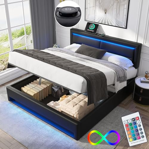 Bett 140x200 mit LED und USB(Unterstützt Kabelloses), Polsterbett 140x200cm mit Kopfteil und Stauraum, Doppelbett mit Lattenrost, Stauraumbett Jugendbett Modernes Bettgestell aus PU -Schwarz