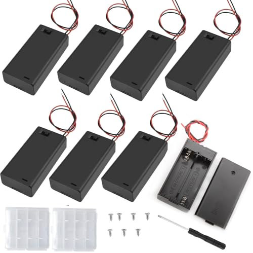 VISSQH 8 pcs AA battery holder with Wire Leads,2 x 1.5V AA Plastic battery holder with ON/Off Switch & Cover + 1 pcs Plastic Battery Storage Box and screws(black)