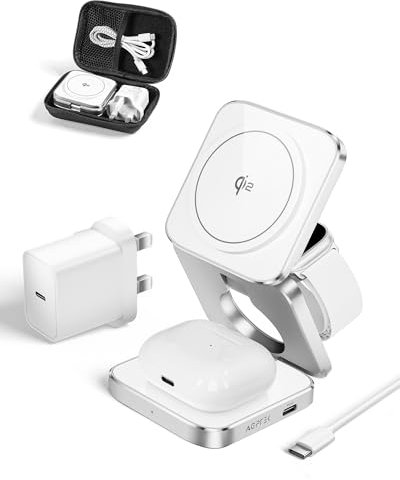 AGPTEK 3 in 1 Wireless Charging Station, Fast Qi2 Magnetic Wireless Charger, 15W Mag-Safe Travel Charger Compatible with iPhone 16/15/14/13/12, for Apple Watch 2-9/Airpod, Carrying Case 30W Adapter