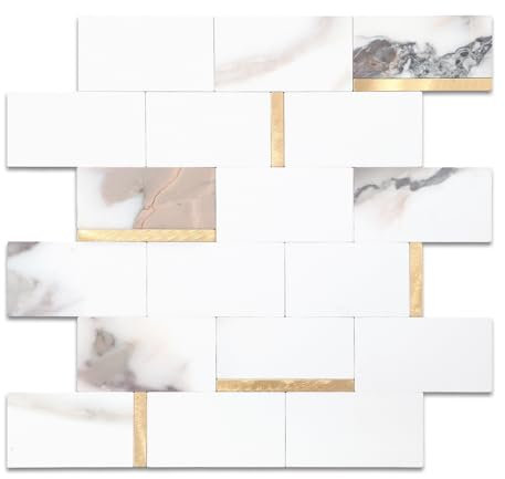 OYASIMI 10 Sheet Stick on Tiles for Splashback Kitchen Wall,Marble Mixed Gold Metal Self Adhensive Wall Tiles for Bathroom, Laundry Room