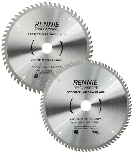 (PACK OF 2) 260mm x 30mm Bore x 60T & 80T TCT Circular Wood Saw Blades Includes 25mm 20mm & 16mm Bore Reduction Rings. Compatible with Festool Bosch Makita Dewalt Circular Saw Etc.