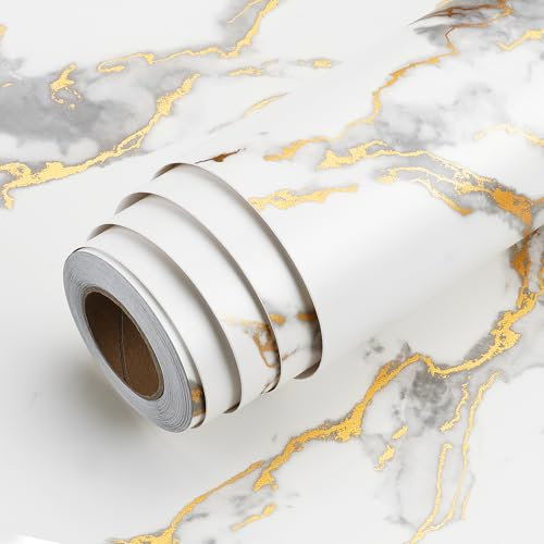 LaCheery Vinilo Blanco para Muebles Encimera Cocina Efecto Mármol con Dorado 90cm x 400cm Vinilo Adhesivo Muebles Blanco Impermeable Decoración Papel Marmol Moderna para Encimera Armario Tabla