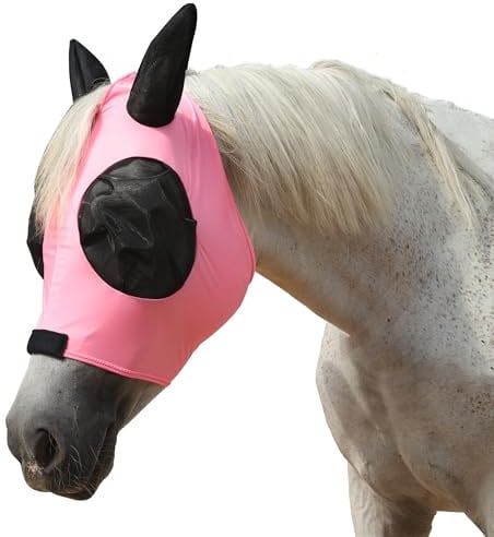 Gallopoff Masque anti-mouches pour cheval - Grand espace pour les yeux avec oreilles - Super confortable - Extensible - Protection UV - Pour cheval - Rose poney