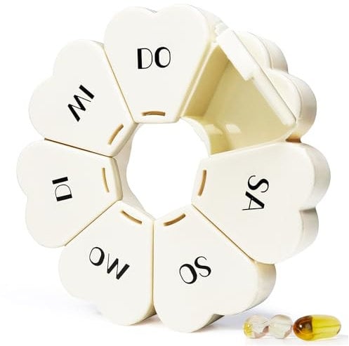 MOLN HYMY Niedliche wöchentliche Pillendose, 7 Tage, gelbe runde Pillendose mit Blumenmuster, 1 mal pro Tag (Perlweiß)