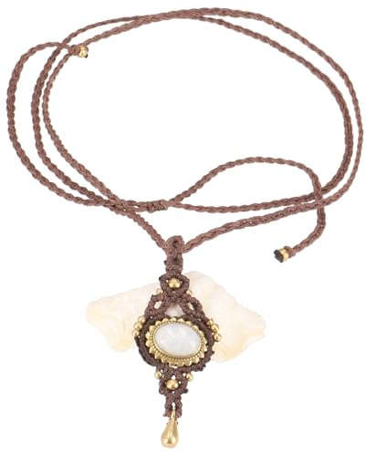 GURU SHOP Boho Makramee Halskette, Unikat Elfenschmuck, Festivalschmuck, Boho Choker - Mondstein/braun