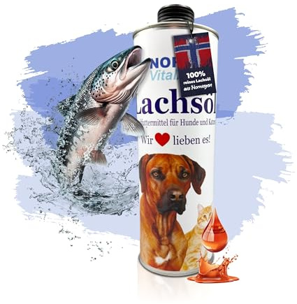NordicVital Premium Lachsöl Hunde & Katzen 1000ml Weißblechdose – 100% Natürliches Fischöl/Fish Oil aus Norwegen Lachs – Reich an Omega 3&6 Fettsäuren – Barf Öl abgefüllt in Deutschland